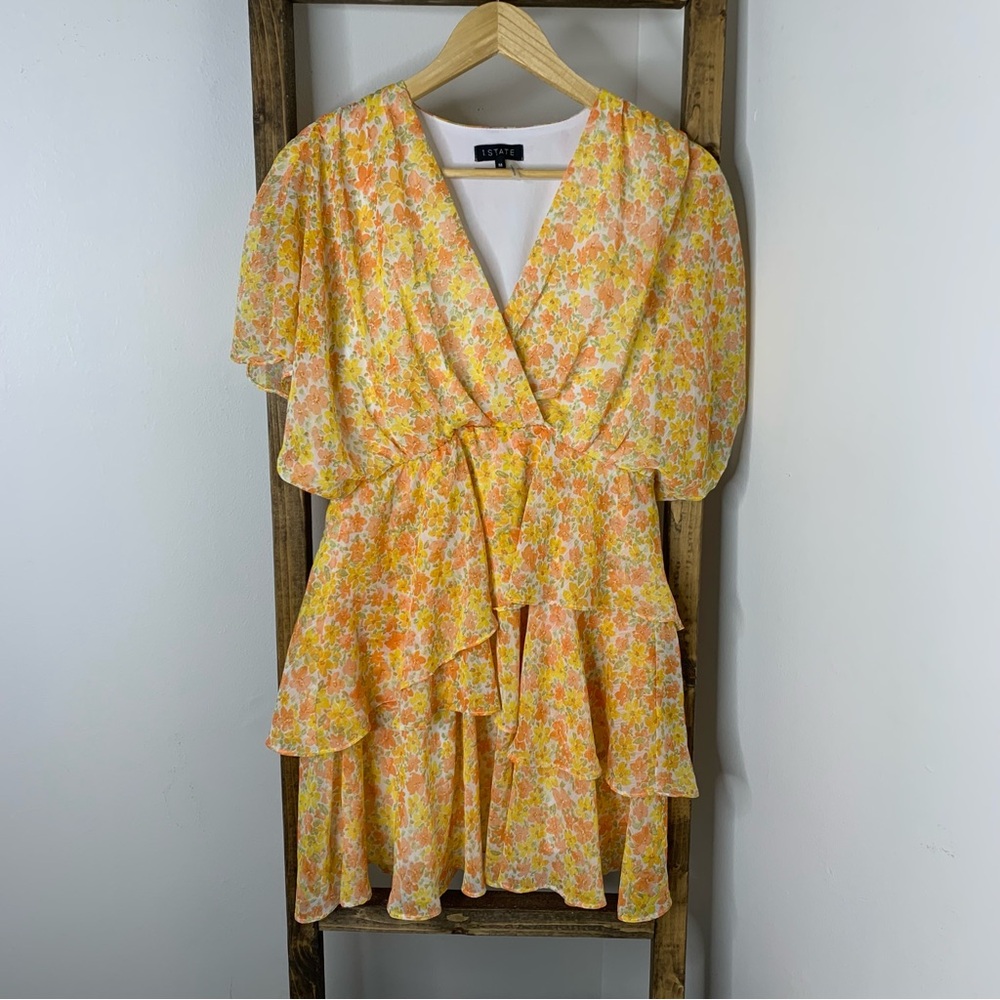 1. State Tiered Chiffon Dress with Surplice Neckline in Cornsilk Size M